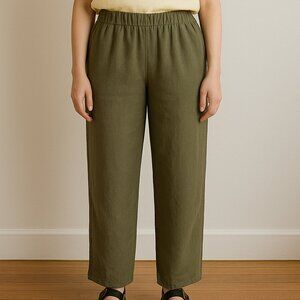 Finity Natural Womens Plus Size Dark Green Elastic waist 100% linen pull on pant